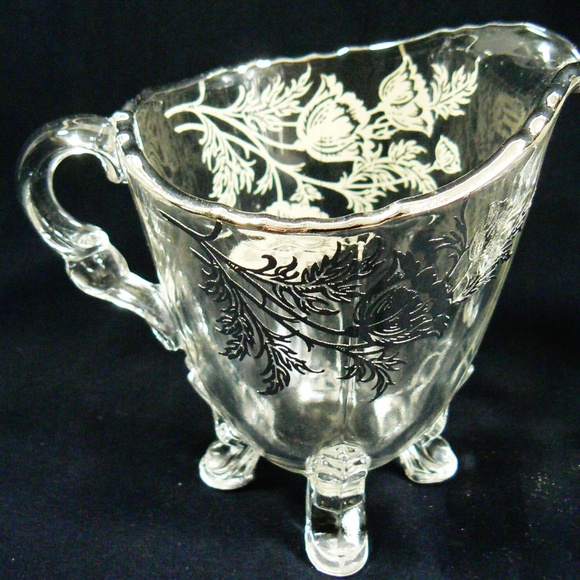 VINTAGE SILVER CITY FLANDERS FLOWERS CLEAR GLASS FOOTED SUGAR BOWL & CREAMER SET - Picture 2 of 10